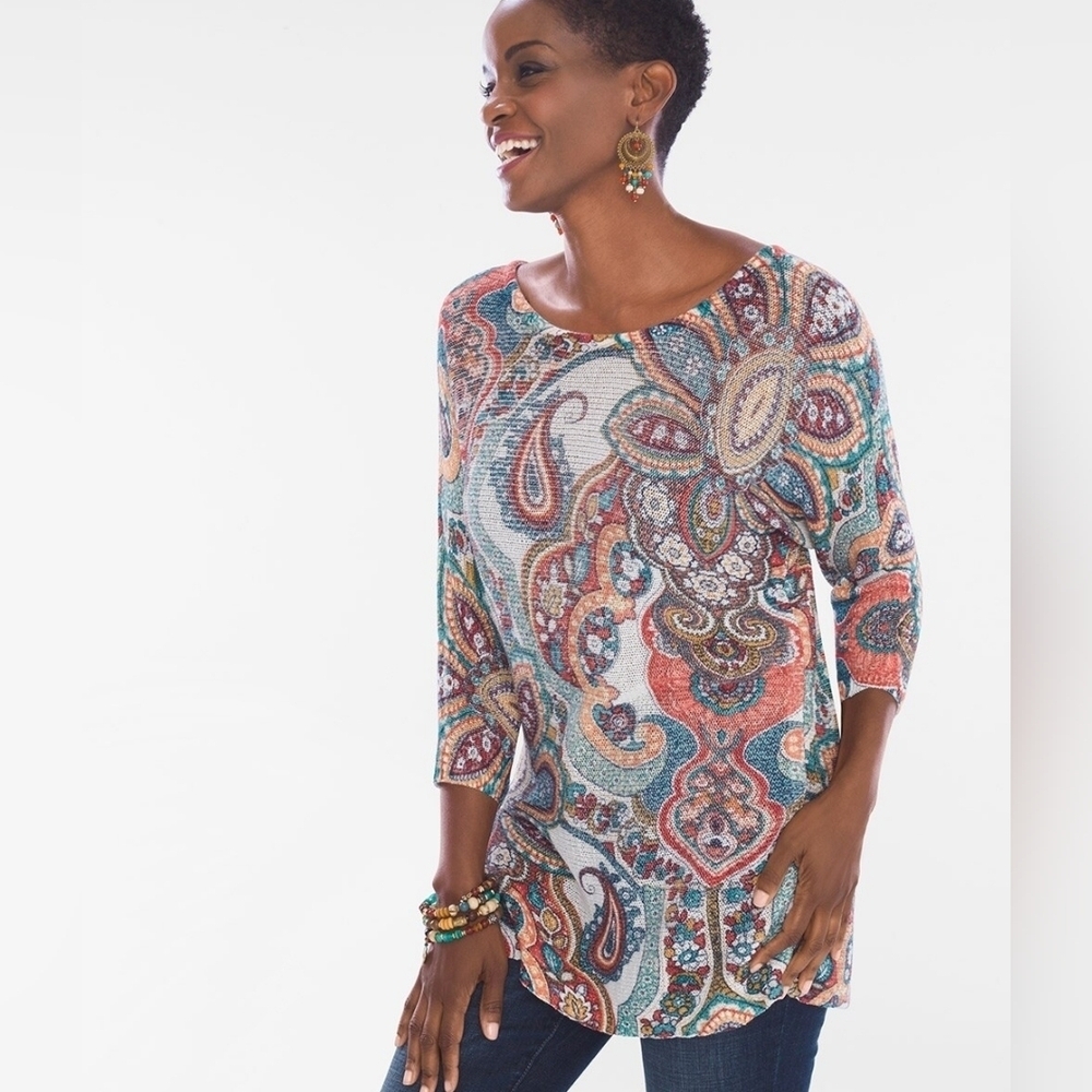 Chicos Sz 1 Paisley Cross-Back Detail Sweater Sz Medium New